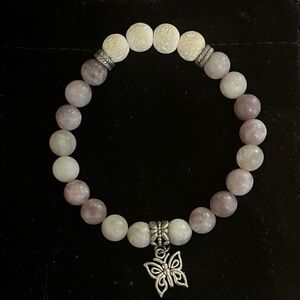 Elegant Purple and Cream Beaded Bracelet with Butterfly Charm